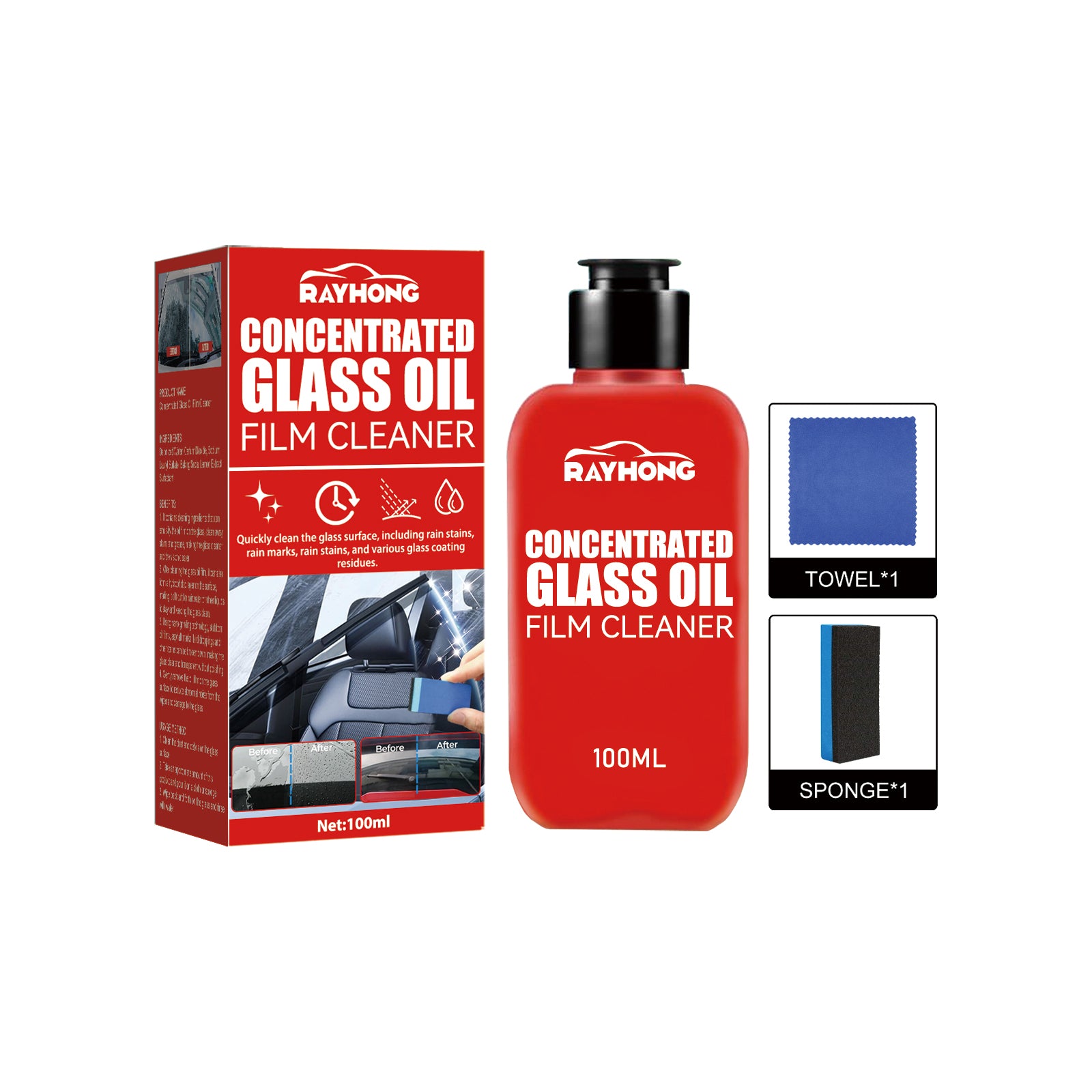 Rayhong Concentrated Glass Oil Film Cleaner - Anti-Fog, Rain Repellent, Oil & Stain Remover for Car Windshield & Windows